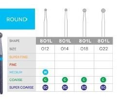 3D Dental Round Diamond Bur Coarse, 801L-012C 10/Pk