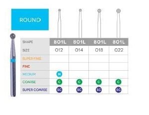 3D Dental Round Diamond Bur Coarse, 801L-012C 10/Pk
