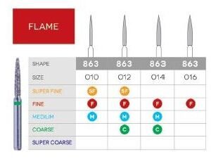 3D Dental Flame, Diamond Bur,Fine, 863-010F 10/Pk