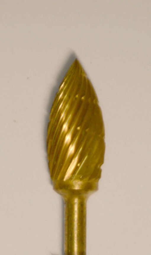 Buffalo Dental Gold Cap Lab Burs, 3/32″ Shank Flame (81A/61A) TNT-Coated Dual Cut Regular HP Carbide Bur