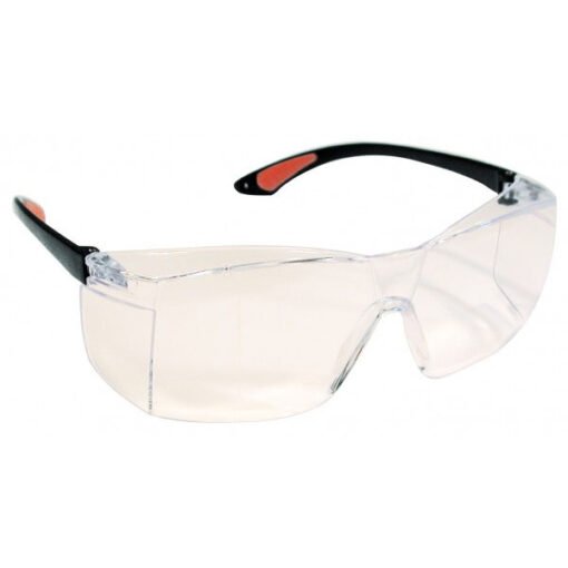 Defend Clear Protective Eyewear, one piece clear lens with black arms.