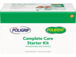 POLIDENT®  Complete Care Starter Kit includes Super Poligrip Free (0.3 oz. tube), Polident 3 Minute Denture Cleanser Tablets (6ct), Polident Denture Bath, Polident Denture Brush, and Product Information Card. 