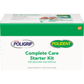 POLIDENT®  Complete Care Starter Kit includes Super Poligrip Free (0.3 oz. tube), Polident 3 Minute Denture Cleanser Tablets (6ct), Polident Denture Bath, Polident Denture Brush, and Product Information Card.