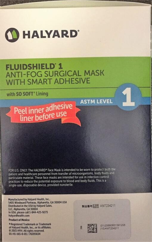 Halyard Fluidshield 1 Anti-Fog Surgical Mask with Smart Ahesive with SO SOFT Lining Green Face Masks ( Level 1 )