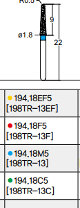 Osung Crown Anterior/ Labial, Axial, Lingual Axial Reduction and Margin Chamfer (Taper) FG Shank 194-18EF5 (198TR-13EF) Extra Fine (Super Fine) Grit Diamond Bur 5/PK