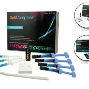 Pacdent OptiComp Nano Syringe Kit; Contents: 1x7ml PacBond, 2-well mixing wells, 20x etching tips, 1xbrush tip, 1xbrush tip handle, 1xmixing pad, 3x 1.2cc PacEtch etching gel, one 4gm syringe each in shade A1, A2, A3, and B1.